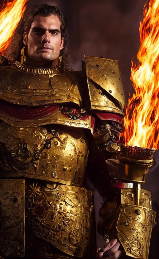 Prompt: 10 foot tall Henry Cavill as warhammer 40k Emperor of Mankind dressed in his golden power armor holding a flaming sword in his right hand. full-length portrait, beautiful face, long hair, painted by Donato Giancarlo and Annie Liebowitz, fine details, cinematic, highly detailed, octane render