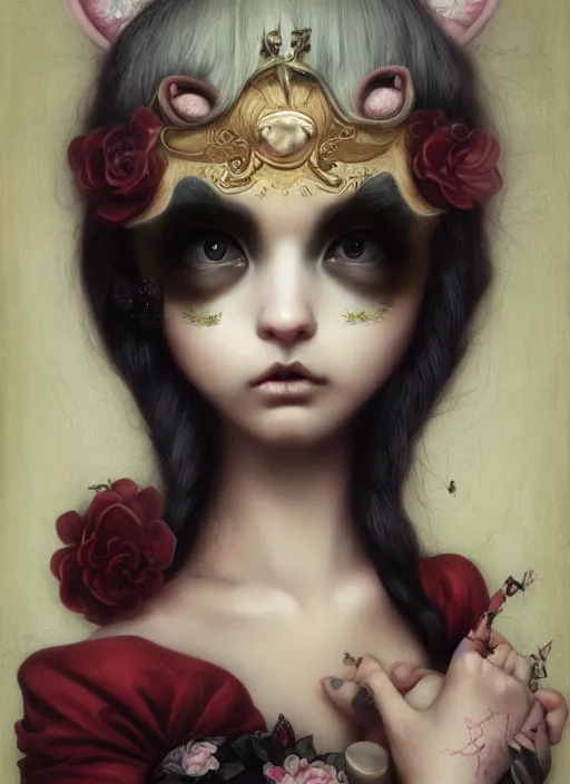 Image similar to pop surrealism, lowbrow art, realistic cute girl painting, japanese street fashion, hyper realism, muted colours, rococo, natalie shau, loreta lux, tom bagshaw, mark ryden, trevor brown style,