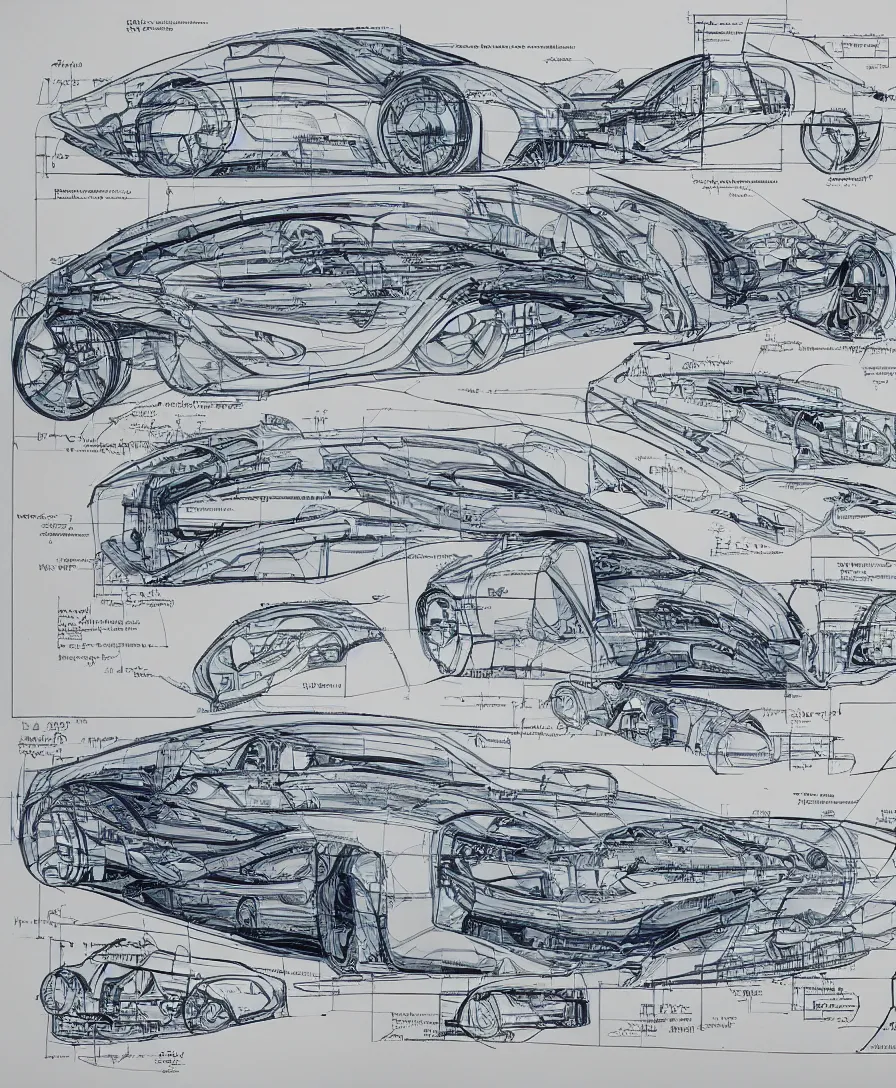 Prompt: automotive blueprints engineering plans in the style of Davinci concept sketch markers