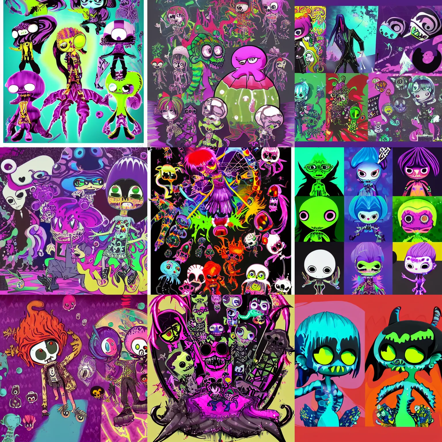 Prompt: CGI lisa frank gothic punk vampiric rockstar underwater caustics vampire squid background designs of various shapes and sizes by genndy tartakovsky and ruby gloom by martin hsu and the creators of fret nice at pieces interactive and splatoon by nintendo and psychonauts by doublefines tim shafer being overseen by Jamie Hewlett from gorillaz for splatoon by nintendo