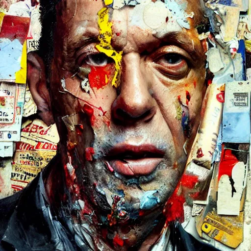 Prompt: hyperrealistic, photorealistic, mixed media oil painting of brother theodore, magazine scraps, plaster, blood, oil, mustard, cigarettes, splatter, trending on artstation, award - winning painting, greg rutkowski, basquiat, ralph steadman, terry gilliam