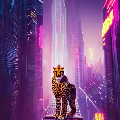 Image similar to a beautiful commission portrait of a male anthro cheetah wearing a neon jacket,futuristic,detailed face,mohawk,cyberpunk city,deviantart,artstation,art by greg rutkowski,ross tran,professional lighting,neon city,night,raytracing,highly realistic,4k,dramatic,hyperrealism