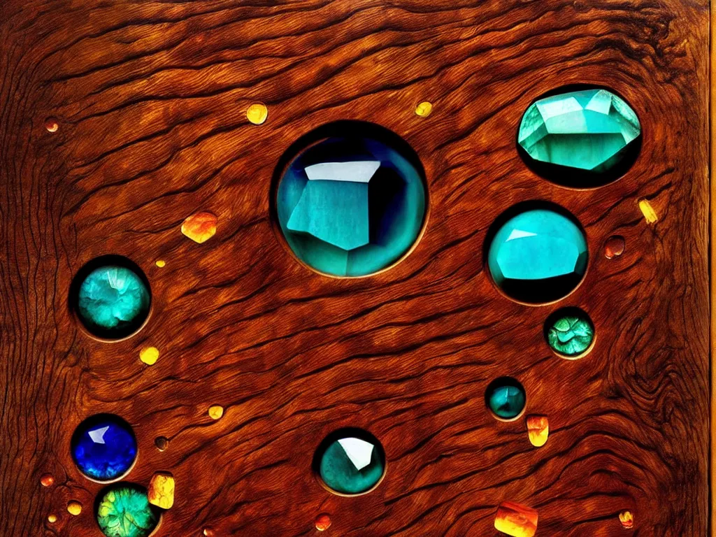 Prompt: gemstones embedded in wood, trending on deviantart, neo surrealism, sharp focus, octane, masterpiece, art by max ernst