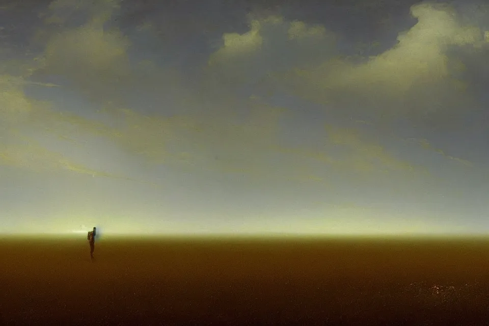 Image similar to sci-fi painting of the closed back view of one humanoid robot on the ground, a distant alien city far away, vast wheat fields, by Ivan Aivazovsky, godrays, atmospheric, cinematic, detailed