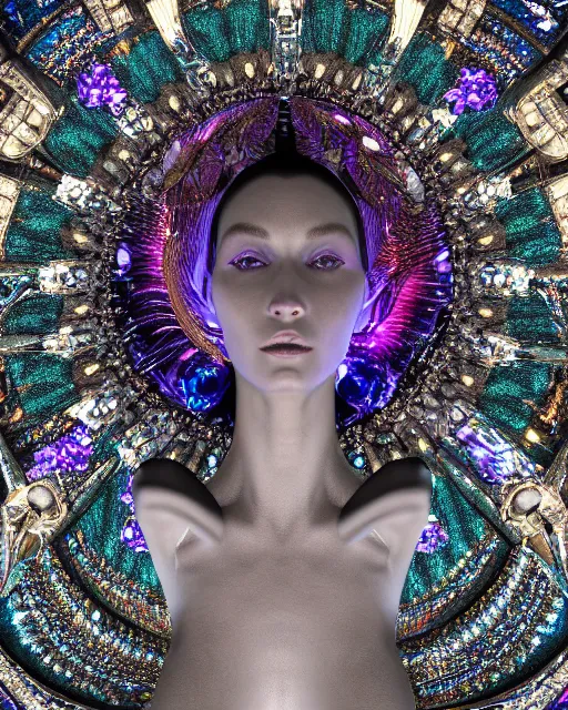 Image similar to a highly detailed metahuman 4 k close up render of an alien goddess bella hadid monument astral in iris van herpen dress schiaparelli in diamonds crystals swarovski and jewelry iridescent in style of alphonse mucha gustav klimt trending on artstation made in unreal engine 4