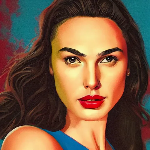 Image similar to portrait of gal gadot in the style of bill medcalf, retro, 4 k, detailed