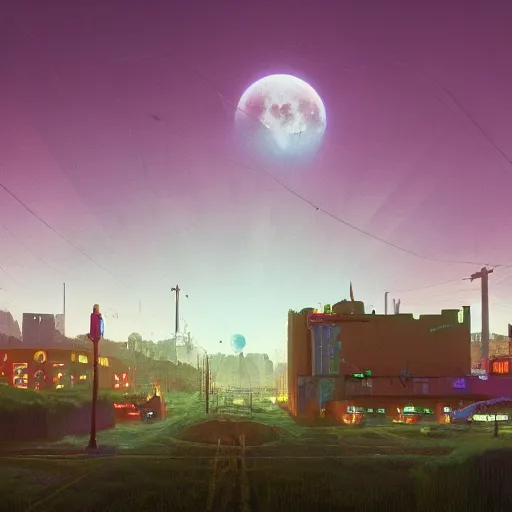 Image similar to An atompunk city with the moon shining through the clouds in utopia by Simon Stålenhag and Greg Rutkowski,In style of Grant Wood.hyper detailed,8K Resolution,unreal engine 5,Ray Tracing,highly realistic.trending on Artstation