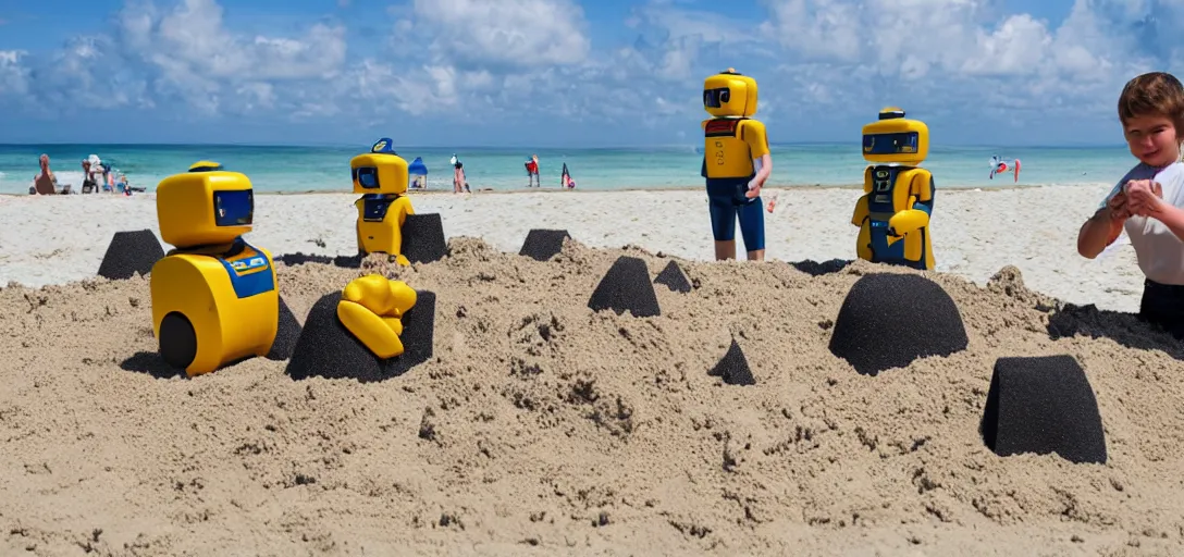 Image similar to robots building 1:1 scale sandcastles at the beach