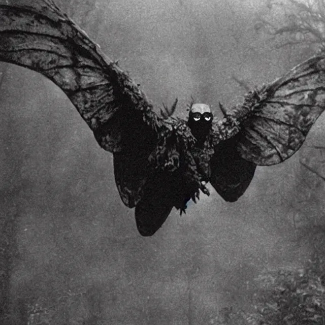 Prompt: image still of a Mothman, 80’s monster horror movie