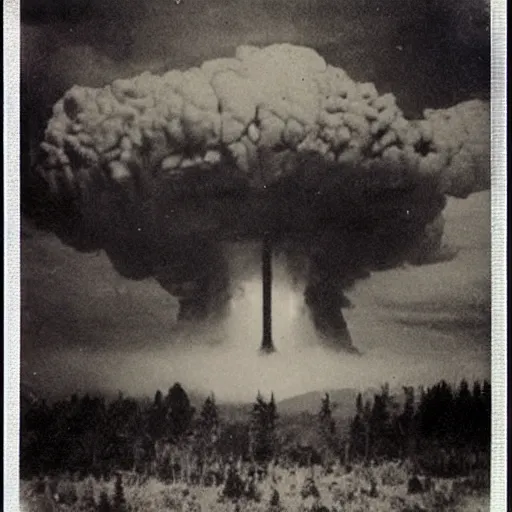 Image similar to vladimir putin scared leaking skin radiation, polaroid black and white picture, night, glowing eyes, creepypasta, in forest beautiful hydrogen bomb explosion in back 1 9 th century, scary horrifying satanic ritual,