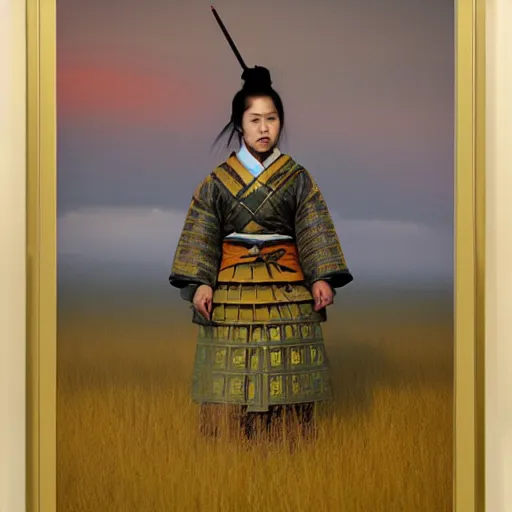 Image similar to female samurai standing in a field in the style of Ruan Jia, golden hour