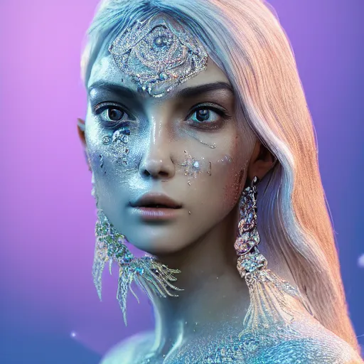Image similar to full body detailed, ethereal, human body, covered in diamonds and other gems glowing, highly detailed face, elegant posed, intricate, extremy detailed, beeple, cgsociety, 3 d unreal engine octane render. cinematic lighting, highly detailed 4 k art