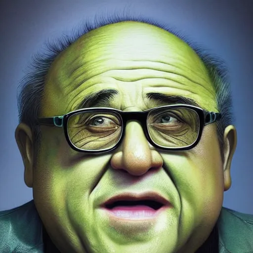 Image similar to hyperrealistic mixed media high resolution image of Danny DeVito made of green gelatin, stunning 3d render inspired art by István Sándorfi and Greg Rutkowski, perfect symmetry, dim volumetric lighting, 8k octane beautifully detailed render, post-processing, extremely hyper-detailed, intricate, epic composition, highly detailed attributes, highly detailed atmosphere, cinematic lighting, masterpiece, trending on artstation, very very detailed, masterpiece, stunning, flawless structure, lifelike texture, perfection,