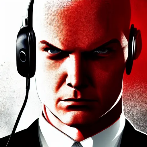 Prompt: a portrait of agent 4 7 from hitman wearing headphones, dark background, red rim light, highly detailed, smooth, sharp focus