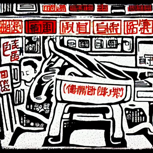 Image similar to chinese surgery operating table, in the style of daniel johnston and outsider art, 8k, line brush, overlaid with chinese adverts