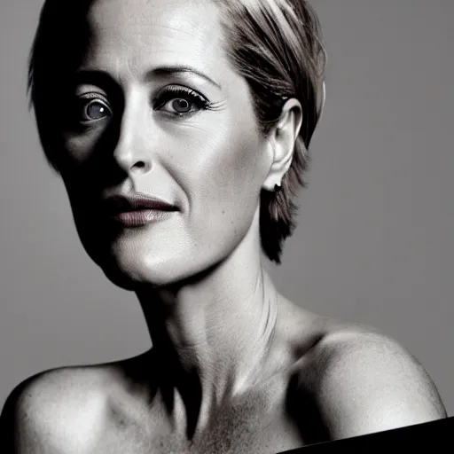 Image similar to photo of a gorgeous 50-year-old Gillian Anderson with pink pixie cut hairstyle by Mario Testino, detailed, head shot, award winning, Sony a7R -