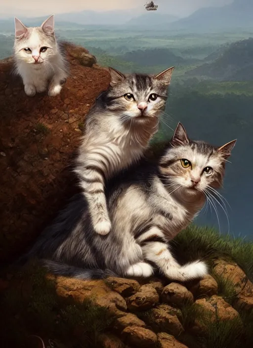 Prompt: Portrait of two scruffy haired cats on a tall mountain sitting on a turtle, realistic, detailed, 4k by Greg Rutkowski Mark Arian trending on artstation