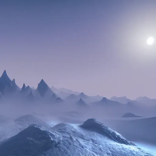 Image similar to ice mountains and meteor in the background foggy award winning, trending on artstation, unreal engine