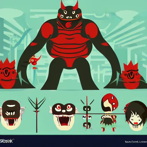 Image similar to kaiju fighting a one eyed ogre modern flat design style illustration with line elements