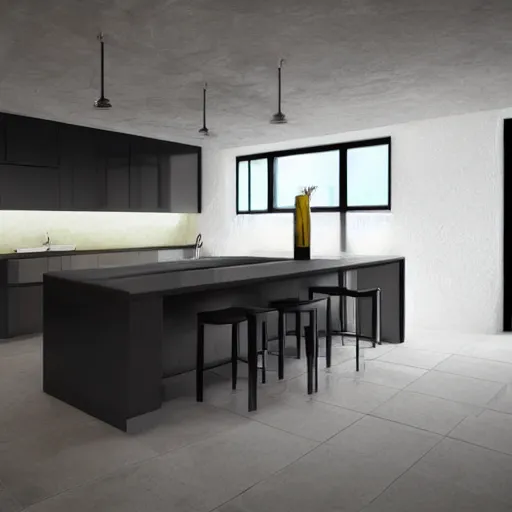 Prompt: brutalist house kitchen interior design ominous dark powerful giant open space high quality furniture octane render