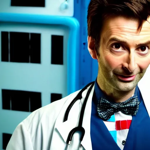 Prompt: closeup promotional image of an David Tennant as Doctor Who at a polka dance-off contest at the YMCA basketball gym, around the gym everyone is cheering, in the background the Tardis door is wide open to the interior, frenetic, quirky, movie still, promotional image, imax, digital art, hyper detailed, sharp focus, f8