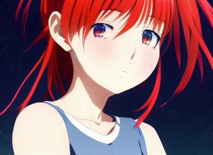 Image similar to anime visual, full body portrait a young woman with red hair looking up at the stars in the park at midnight, cute face by ilya kuvshinov, yoshinari yoh, makoto shinkai, katsura masakazu, dynamic perspective pose, detailed facial features, kyoani, rounded eyes, crisp and sharp, cel shad, anime poster, ambient light,