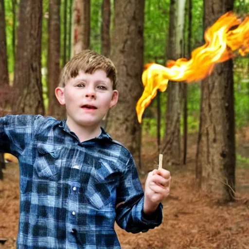 Prompt: A Boy with Fire power in the forest