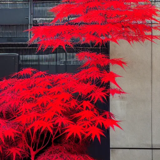 Prompt: a single red japanese maple in a dystopian city