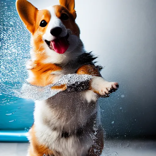 Prompt: Corgi playing with water from a hose, outdoor photo, promo shoot, studio lighting