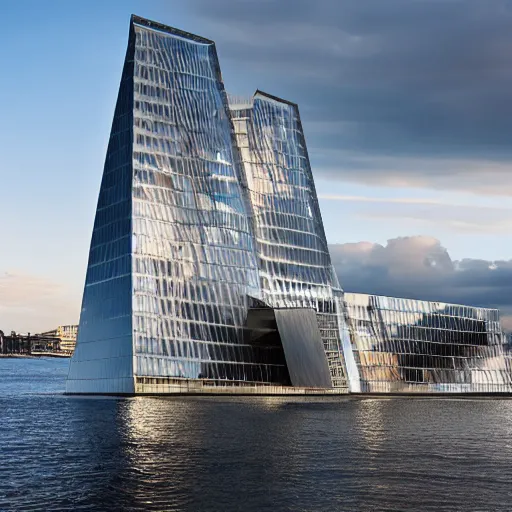 Prompt: a incredible cutting edge new building on the London waterfront designed by bjarke ingels, with a giant modern stainless steel sculpture in front of it at monumental scale, photo by Annie Leibovitz