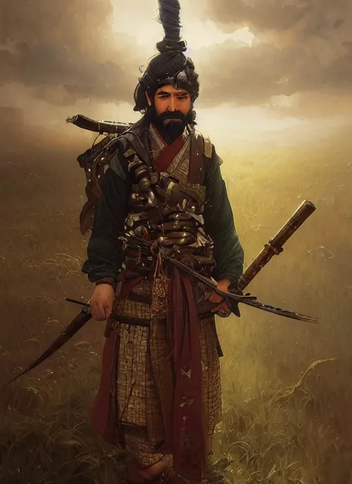 Image similar to Highly detailed portrait of Kurdish samurai, Stephen Bliss, unreal engine, fantasy art by Greg Rutkowski, Loish, Rhads, ferdinand knab, Makoto Shinkai and Lois van baarle, ilya kuvshinov, rossdraws, Tom Bagshaw, alphonse mucha, global illumination, radiant light, detailed and intricate environment