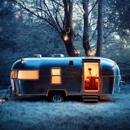 Image similar to treehouse made of a vintage airstream, fairy lights, fine art, cinematic lighting, hyperdetailed, photorealistic, high resolution, cozy!, award winning, featured in artstation, octane render