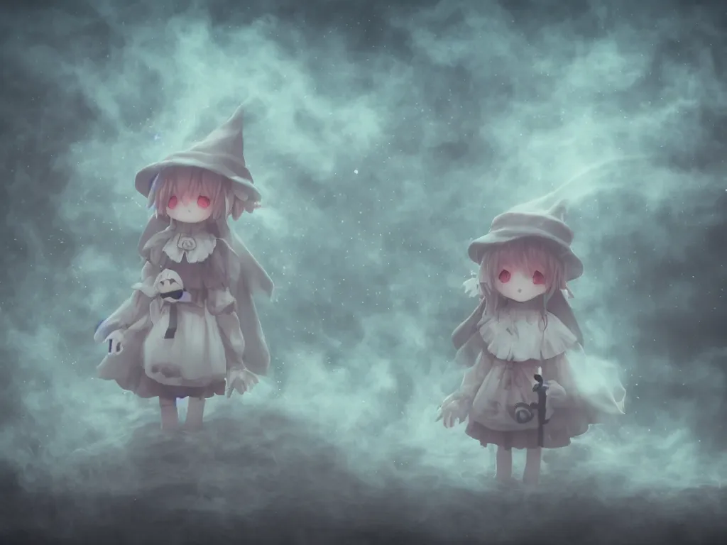 Image similar to cute fumo plush girl witch on a tiny island surrounded by murky river water, river styx, cursed otherworldly chibi gothic horror wraith maiden, lost in the milky void, hazy heavy magical glowing swirling murky volumetric fog and smoke, moonglow, lens flare, vray