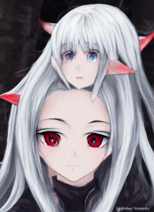 Prompt: white haired anime girl with horns, red eyes, cute