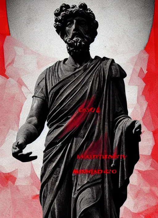 Image similar to design poster showing a statue of marcus aurelius, black background with very subtle red and purple design elements, powerful, nekro, guido crepax, graphic design, collage art, thin lines, dark, glitch art, neo vaporwave, gritty, layout frame, square, trending on artstation