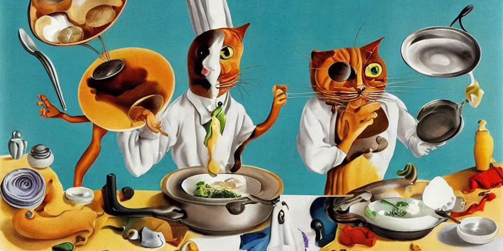 Image similar to anthropomorphic cat chef cooking a delicious colorful soup, by Salvador Dali