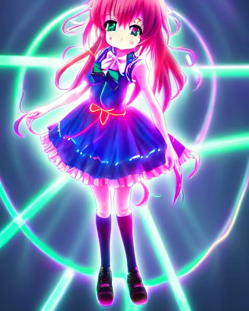 Image similar to anime style, vivid, expressive, full body, 4 k, painting, a cute magical girl idol with a long wavy hair wearing a dress, correct proportions, stunning, realistic light and shadow effects, neon lights, studio ghibly makoto shinkai yuji yamaguchi