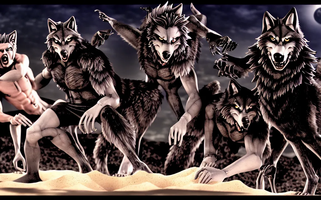 Prompt: wolfs and van darkholme playing in the sandbox photo screen form tim burton film