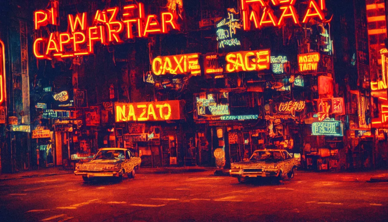 Image similar to 8 0 s polaroid photo, cinema still from movie taxi driver, sleazy man watching night streets, neon signs, colorful haze, americana, high production value, 8 k resolution, hyperrealistic, photorealistic, high definition, high details, tehnicolor, award - winning photography, masterpiece, amazing colors