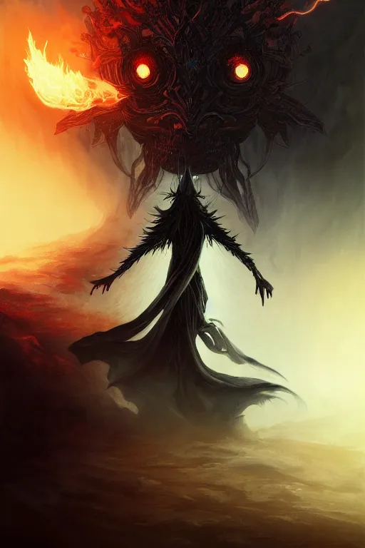 Prompt: Black Orb of Fire, digital art, fantasy, magic, trending on artstation, illustration by Seb McKinnon and Peter Mohrbacher, ultra detailed, atmospheric, powerful presence, bossfight, darksouls, grand finale, explosive entrance, final battle, cutscene, cinematic lighting, beautiful goddess, unleashing the power of the flame