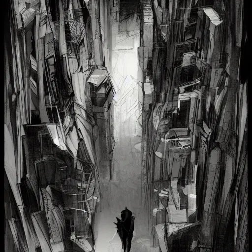 Prompt: concept art character, very high angle view, book cover, walking in cyberpunk valley, highly detailed full body, smooth, sharp focus, organic, appealing, book cover, deep shadows, by Dave McKean sketch lineart for character design