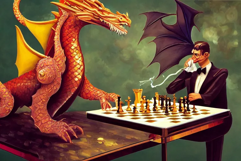 Image similar to oil painting art deco cartoonish fantasy dragon shiny scales golden highlights smoking a cigar sitting at a chess table strategy wearing a handsome suit, trending on artstation, deviantary, furaffinity, line weight