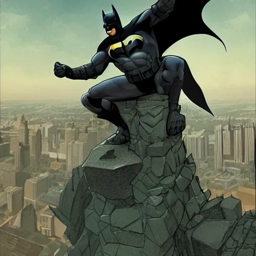 Image similar to batman sitting on a stone gargoyle looking down on gotham, comic book, illustration, night, mysterious, cinematic, hyperdetailed, artstation trending