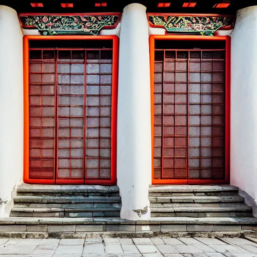 Prompt: ancient chinese architecture, hui architecture, white walls, small tiles, architectural photography, film light