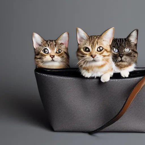 Image similar to a highly detailed photo of multiple furry cats, they are inside a big handbag, gray background, studio lighting, 4 k, 8 k