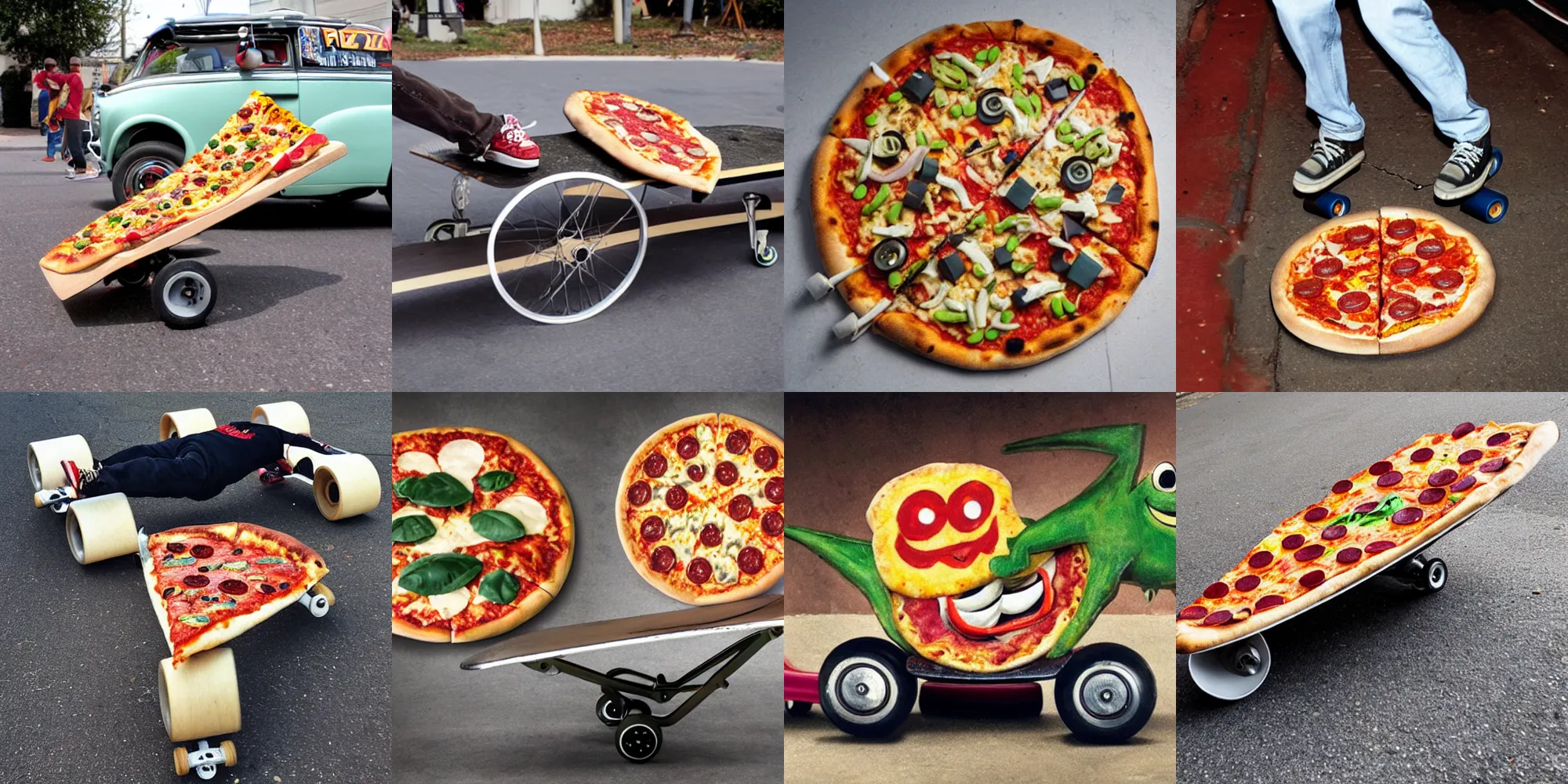 Prompt: a pizza doing tricks on a skateboard by ed roth