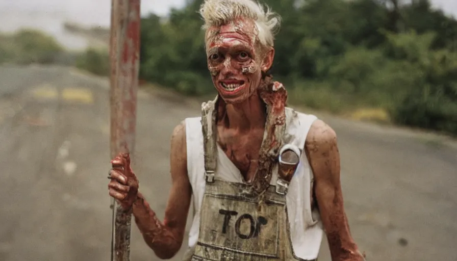 Image similar to far view, extremely skinny malnourished donald trump, wearing dirty overalls, dirty greasy face, grin, portrait, close up, kodak gold 2 0 0, 5 0 mm,