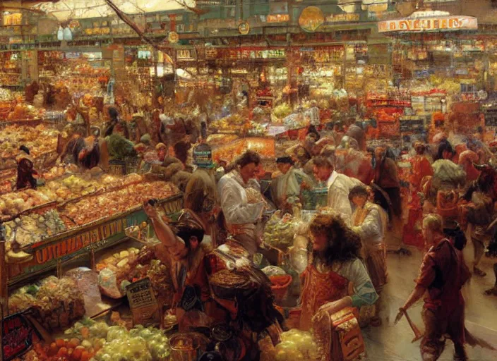 Image similar to a crowded super market, highly detailed painting by gaston bussiere, craig mullins, j. c. leyendecker