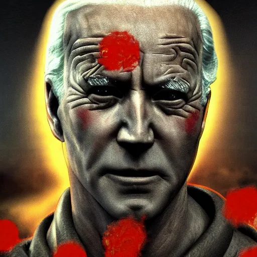 Image similar to biden in dante's inferno painting, crosses, dark beauty, rotten gold, closeup faces, extremely detailed, cinema 4 d, unreal engine.