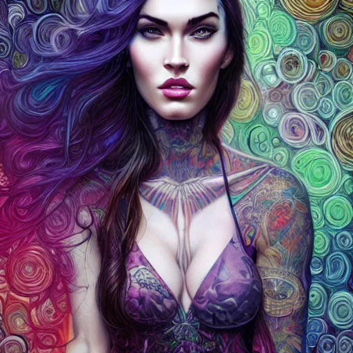 Image similar to portrait of megan fox, hyper detailed masterpiece, neon floral pattern, jean giraud, digital art painting, darkwave goth aesthetic, psychedelic, artgerm, donato giancola and tom bagshaw